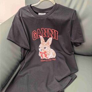 Ganni Black Tee with Red Logo and Bunny Graphic Have a Nice Day Tee